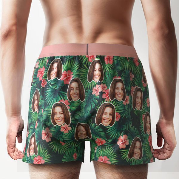 Custom Face Red Flowers Design Boxer Shorts Personalized Waistband Casual Underwear for Him - MyFaceBoxerUK