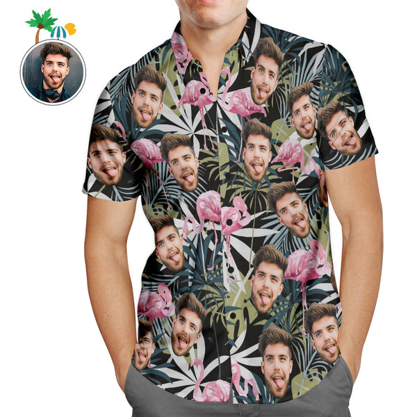 Custom Face Hawaiian Shirt Leaves and Flamingo Personalized Aloha Beach Shirt For Men