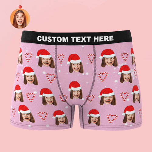 Custom Face Pink Christmas Candy Boxer Briefs Personalised Pink Christmas Gift