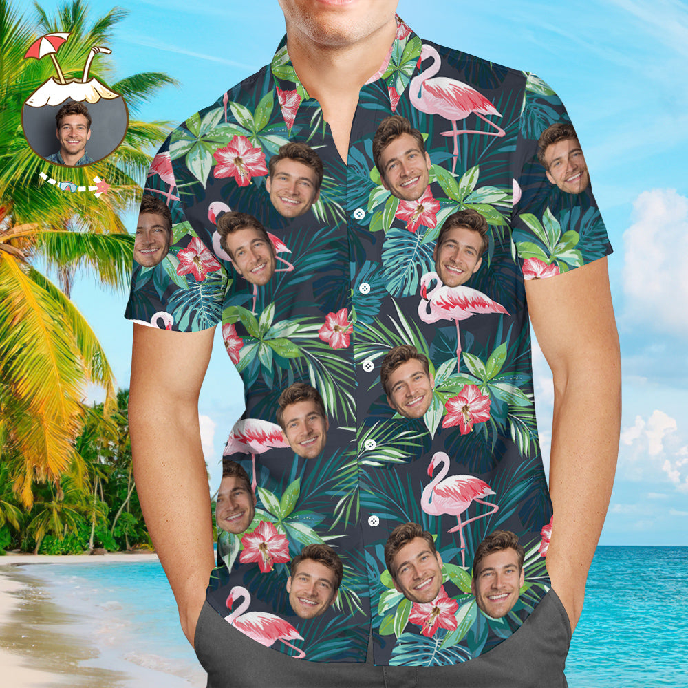 Custom Photo Shirt Men's All Over Print Hawaiian Shirt Leaves and Flamingo Christmas Gifts