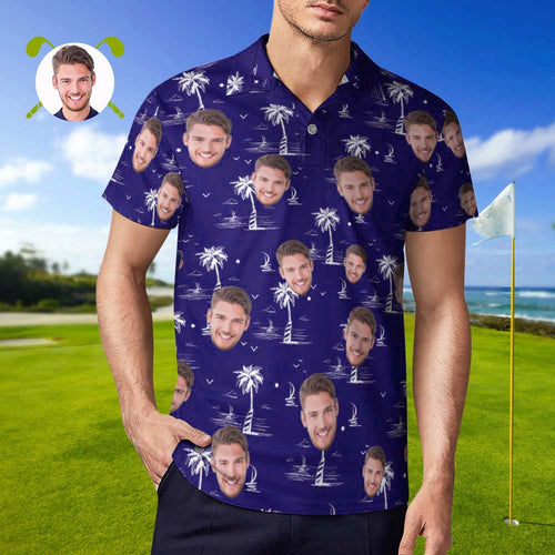 Custom Face Polo Shirt For Men Coconut Tree Island Personalized Hawaiian Golf Shirts