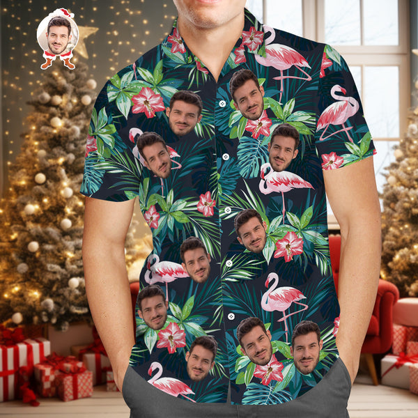 Custom Photo Shirt Men's All Over Print Hawaiian Shirt Leaves and Flamingo Christmas Gifts