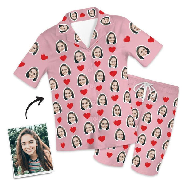 Custom Heart Short Sleeved And Pants With Face Pajamas