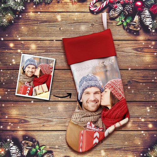 Custom Photo Engraved Christmas Stocking Socks Gifts for Couple