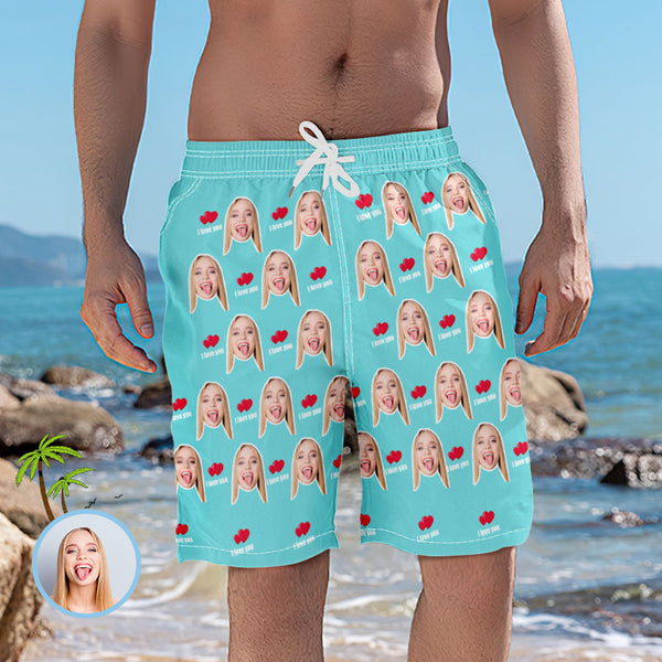 Men's Custom Face Elastic Beach Short Pants - I Love You - MyFaceBoxerUK