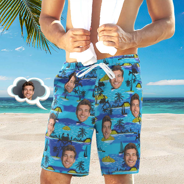 Men's Custom Face Beach Trunks All Over Print Photo Shorts - Tropical Island - MyFaceBoxerUK