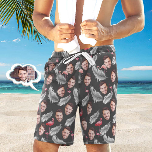 Men's Custom Face Beach Trunks All Over Print Photo Shorts - Feather And Flamingo Black - MyFaceBoxerUK
