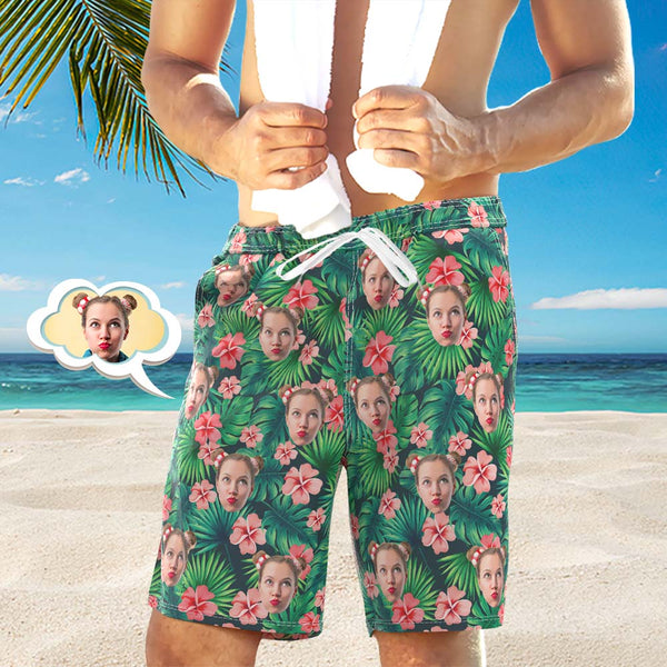 Men's Custom Face Beach Trunks All Over Print Photo Shorts - Green Leaves And Flowers - MyFaceBoxerUK