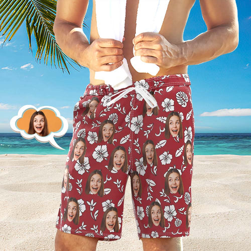 Men's Custom Face Beach Trunks All Over Print Photo Shorts Red - MyFaceBoxerUK