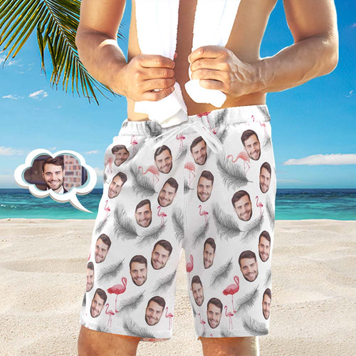 Men's Custom Face Beach Trunks All Over Print Photo Shorts - Feather And Flamingo White - MyFaceBoxerUK