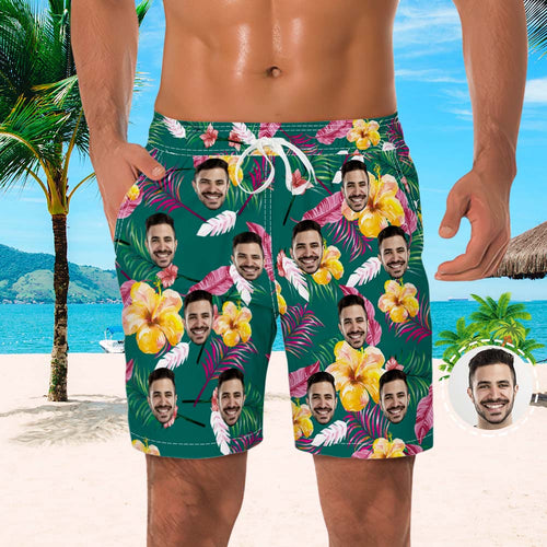Men's Custom Face Beach Trunks All Over Print Photo Shorts Colored Feathers - MyFaceBoxerUK