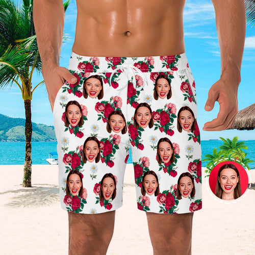 Men's Custom Face Beach Trunks All Over Print Photo Shorts Rose Flower - MyFaceBoxerUK