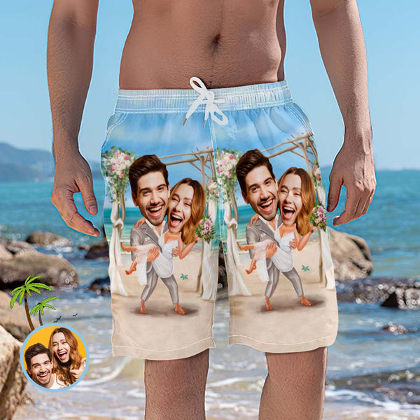 Custom Couple Face Beach Shorts Personalized Wedding Swim Trunks Funny Gifts For Boyfriend - MyFaceBoxerUK