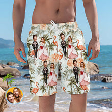 Custom Beach Shorts Personalized Flamingo and Coconut Trees Wedding Swim Trunks - MyFaceBoxerUK