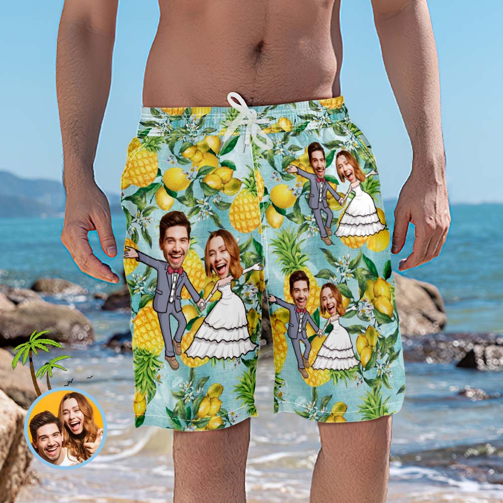 Custom Wedding Beach Shorts Funny Pineapple Couple Face Swim Trunks - MyFaceBoxerUK