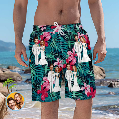 Personalized Wedding Flower Swim Trunks Custom Photo Beach Shorts Best Wedding Gift - MyFaceBoxerUK