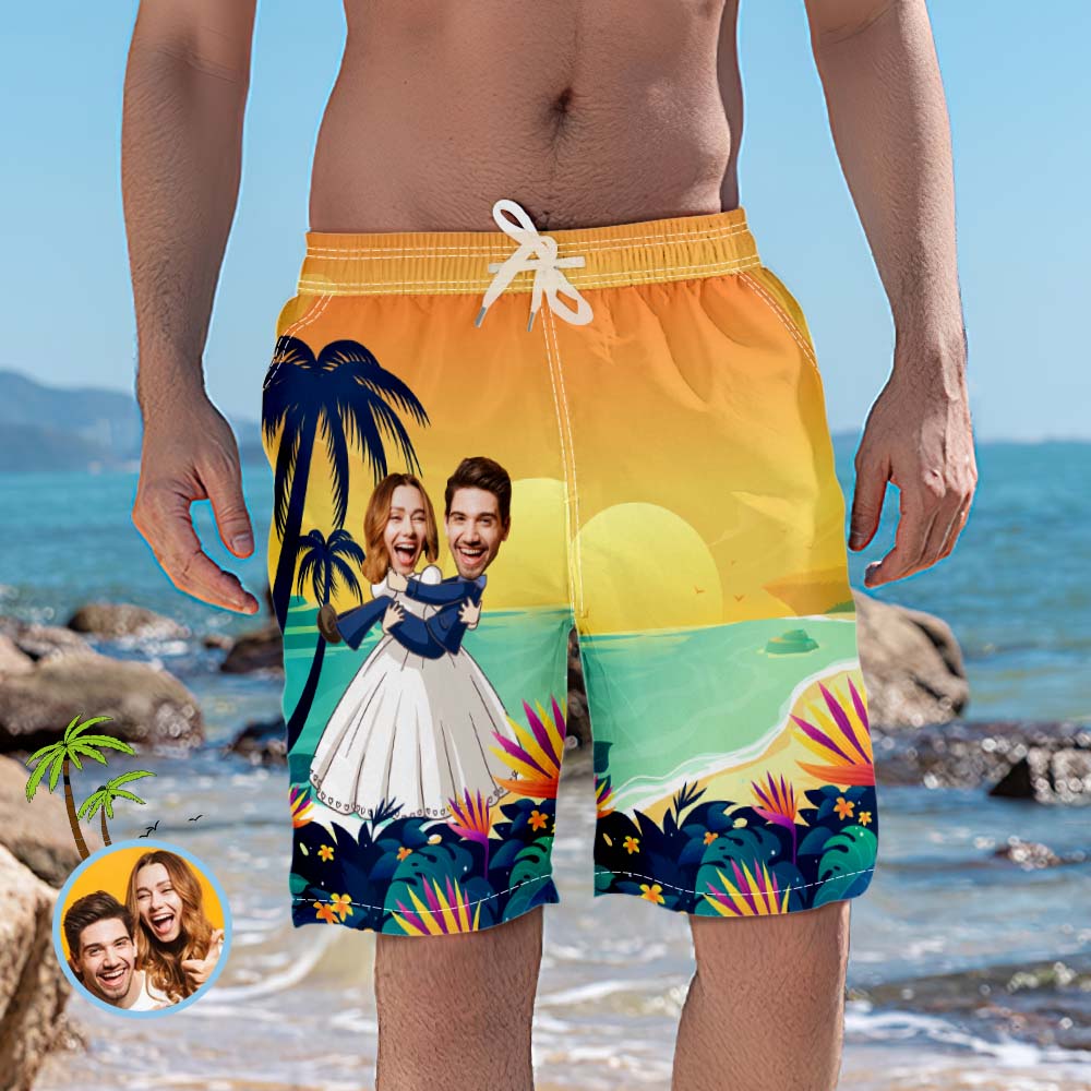 Personalized Beach Shorts Romantic Wedding Photo Swim Trunks - MyFaceBoxerUK