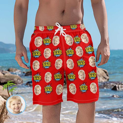 Custom Beach Shorts Photo Red Swim Trunks Father's Day Gift - Super Dad - MyFaceBoxerUK