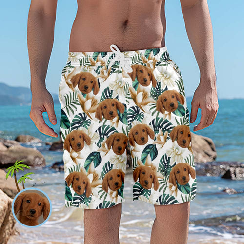Men's Custom Face Beach Trunks Leaves Style Photo Beach Shorts Gift for Pet Lovers - MyFaceBoxerUK