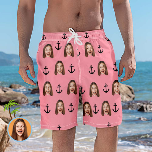 Custom Face Swim Trunks Personalized Pink Beach Shorts Funny Men's Casual Shorts - MyFaceBoxerUK