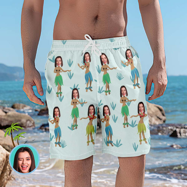 Personalized Beach Shorts for Men Hula Style Custom Face Swim Trunks - MyFaceBoxerUK