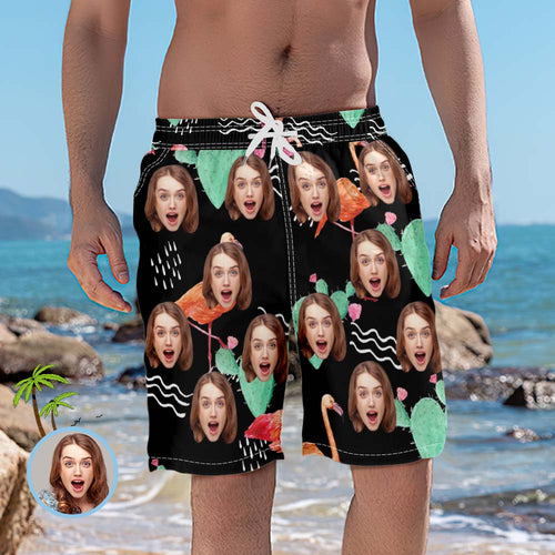 Personalized Beach Shorts for Men with Flamingos and Cacti Custom Face Swim Trunks - MyFaceBoxerUK
