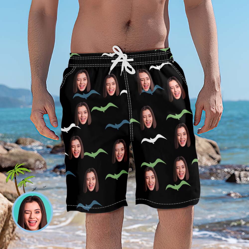 Custom Face Swim Trunks Personalized Black Beach Shorts with Seagull Funny Men's Casual Shorts - MyFaceBoxerUK