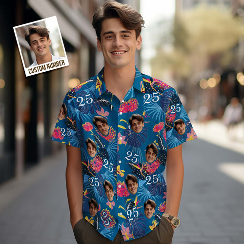Custom Face Hawaiian Shirt Number and Face Hawaiian Shirt Dark Blue Sleeves and Pink Flowers - MyFaceBoxerUK