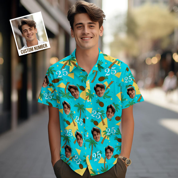 Custom Multi-color Face and Numbers Hawaiian Shirt Coconut Tree and Pineapple Gift for Men - MyFaceBoxerUK