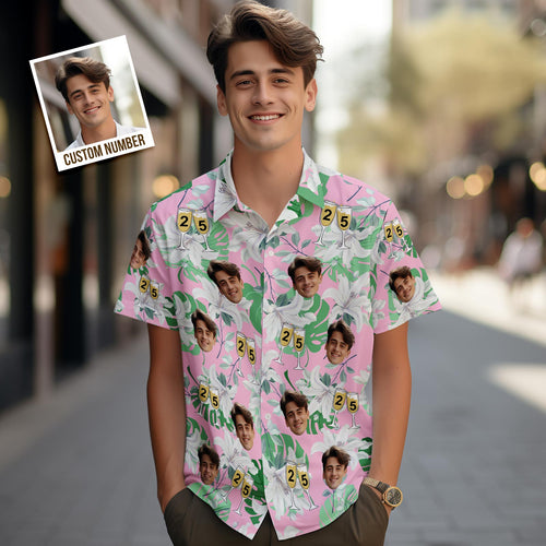 Custom Face Hawaiian Shirt Number in Wine Glass Pink And Green Sleeves Face Hawaiian Shirt Gift for Him - MyFaceBoxerUK
