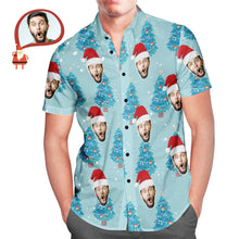 Custom Face All Over Print Blue Hawaiian Shirt Christmas Tree Style Gift for Him - MyFaceBoxerUK