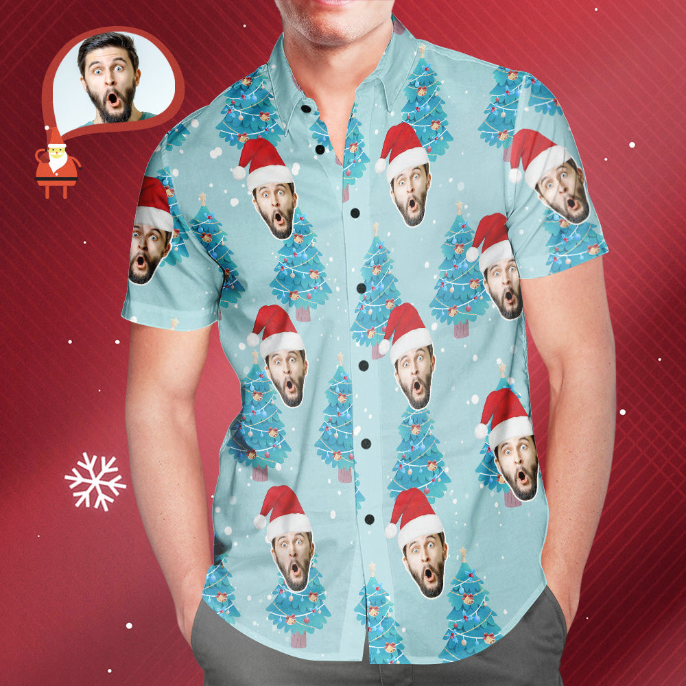 Custom Face All Over Print Blue Hawaiian Shirt Christmas Tree Style Gift for Him - MyFaceBoxerUK