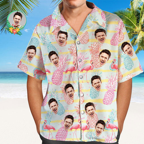 Custom Face Hawaiian Shirt Flamingo and Pineapple Men's All Over Print Aloha Shirt