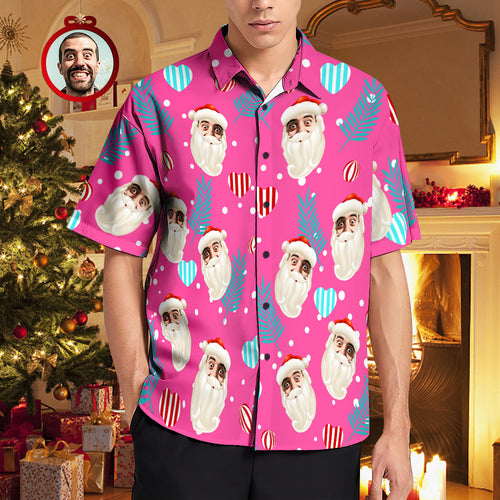 Custom Face Hawaiian Shirts Pink Christmas Men's Christmas Shirts Santa Claus - MyFaceBoxerUK