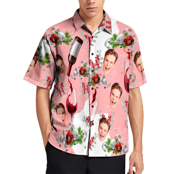 Custom Face Hawaiian Shirts Pink Christmas Men's Christmas Shirts A Glass Of Fine Wine - MyFaceBoxerUK