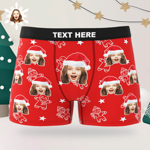 Custom Christmas Underwear with Face Personalized Boxers Printed with Biscuit Pattern & Hats Gift for Boyfriend - MyFaceBoxerUK