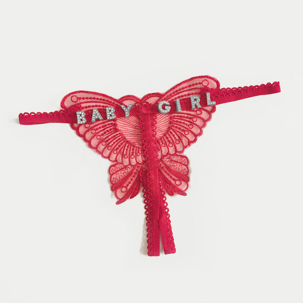 Custom Lace Hollow Butterfly Sexy Low Waist Panty with jewelry Crystal Letter Name Open Cut Thong Underpants Women's Underwear - MyFaceBoxerUK