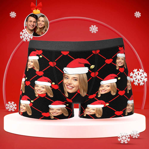 Custom Face Boxer with Girlfriend Picture Personalised Christmas Hat Pattern Men's Shorts - MyFaceBoxerUK