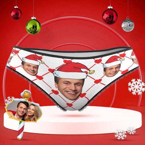 Custom Face Underwear with Boyfriend Picture Personalised Christmas Hat Pattern Women's Shorts - MyFaceBoxerUK