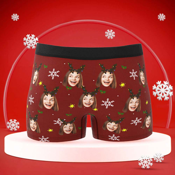 Custom Face Boxers Briefs Personalised Men's Shorts With Photo Snowflake And Antler Christmas Gifts - MyFaceBoxerUK