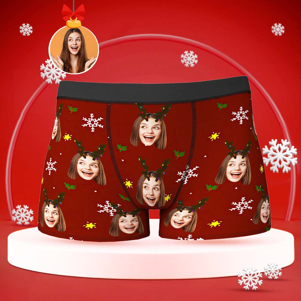 Custom Face Boxers Briefs Personalised Men's Shorts With Photo Snowflake And Antler Christmas Gifts - MyFaceBoxerUK