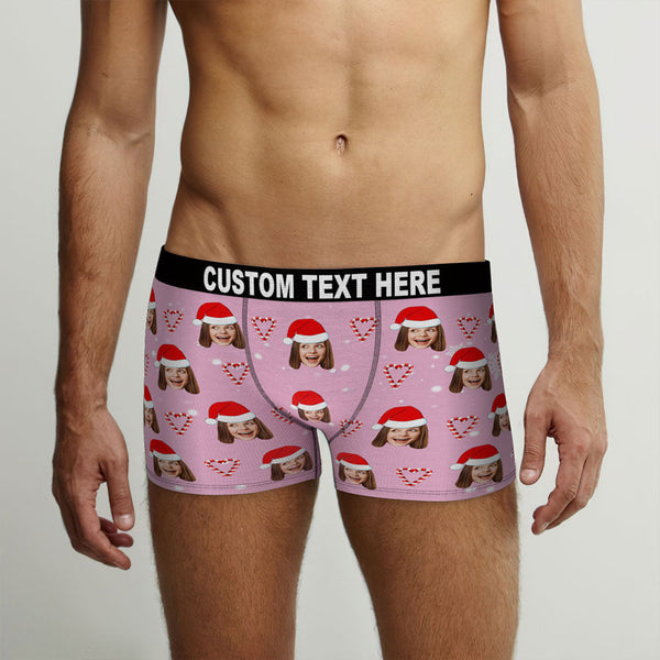 Custom Face Pink Christmas Candy Boxer Briefs Personalised Pink Christmas Gift - MyFaceBoxerUK