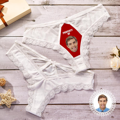 Custom Lace Thong Sexy White Lace Panties Funny Gift with Boyfriend Face - Property of - MyFaceBoxerUK