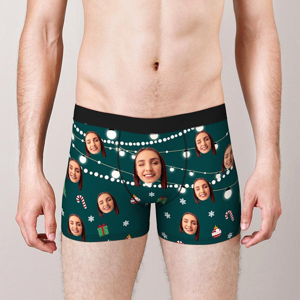 Custom Face Boxers Shorts Christmas Lights Personalised Photo Underwear Christmas Gift for Men
