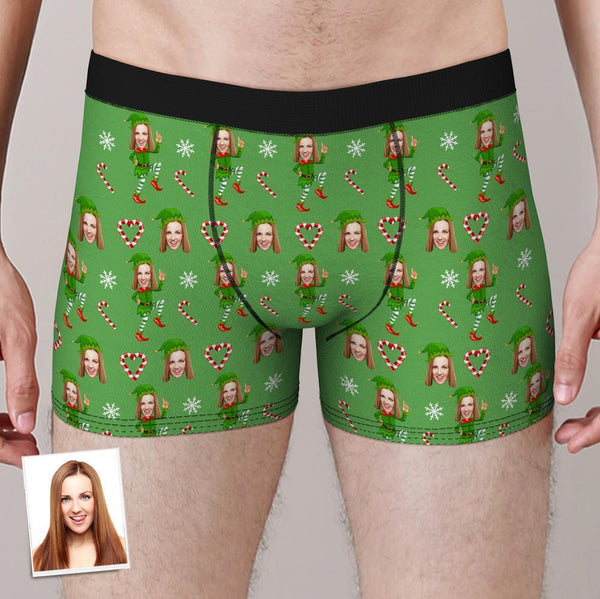 Custom Face Boxers Shorts Christmas Elf Personalised Photo Underwear Christmas Gift for Men