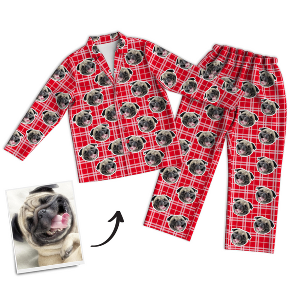 Red Plaid Custom Pet Photo Long Sleeve Pajamas, Nightwear