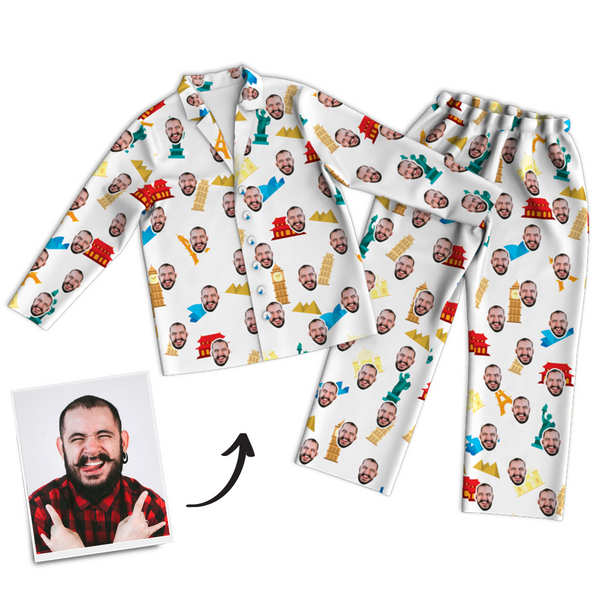 Multi-Color Custom Photo Long Sleeve Pajamas, Nightwear - Father's Day Gifts