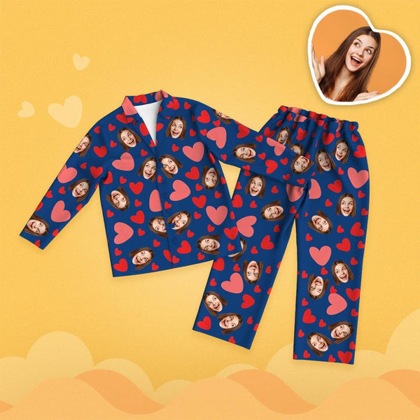 Mother's Day Custom Face Red Heart Printed Long Sleeve Pajamas Set