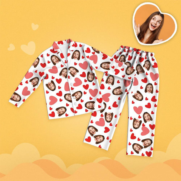 Mother's Day Custom Face Red Heart Printed Long Sleeve Pajamas Set