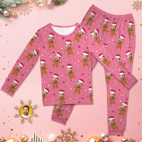 Custom Face Pink Pajamas Personalised Round Neck Gingerbread Christmas Pajamas For Women And Men - MyFaceBoxerUK